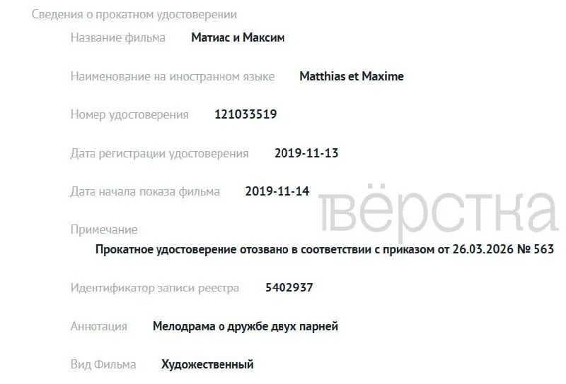 С 1 марта Министерство культуры лишило прокатных удостоверений по крайней мере семь картин — три зарубежные с LGBTQ‑темами и четыре российских фильма; в реестре причины не раскрываются.
