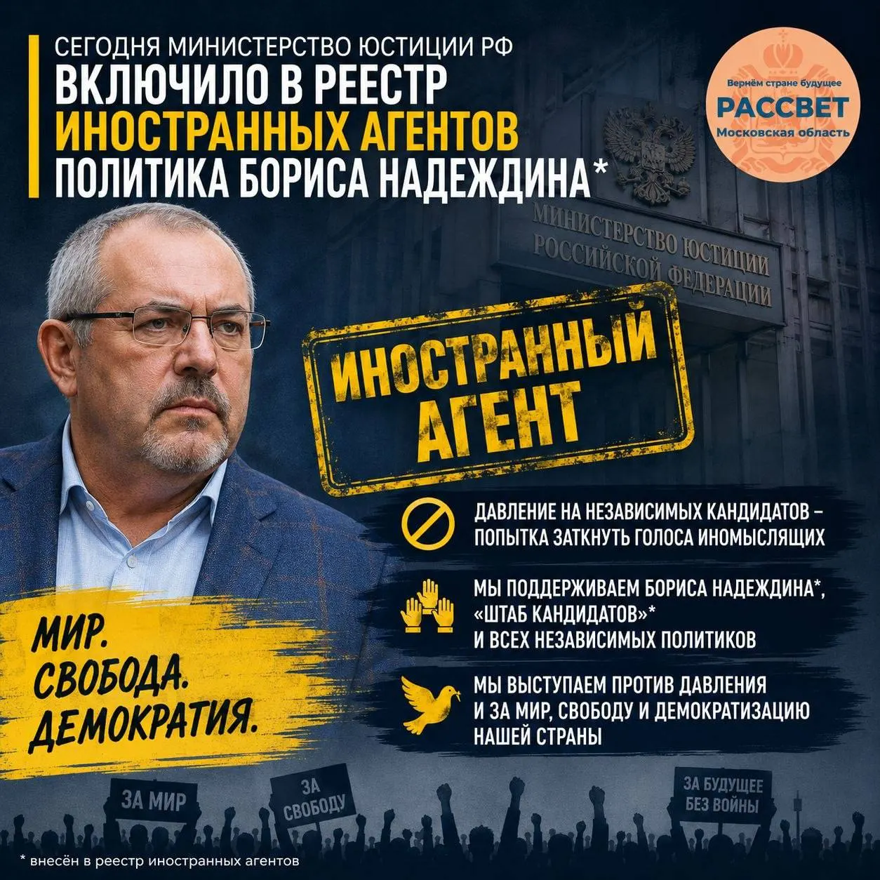 Подмосковное отделение партии выразило поддержку Надеждину и «Штабу Кандидатов», назвав действия Минюста продолжением давления на независимых кандидатов перед выборами.