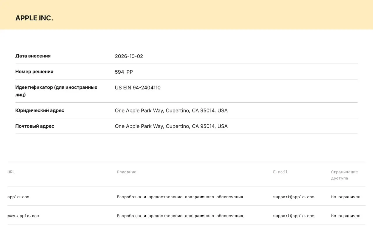 Роскомнадзор включил Apple и Microsoft в реестр организаторов распространения информации; компании обязаны хранить данные пользователей на серверах в России и передавать их по требованию силовым структурам. Дата внесения — 2 октября 2026 года.